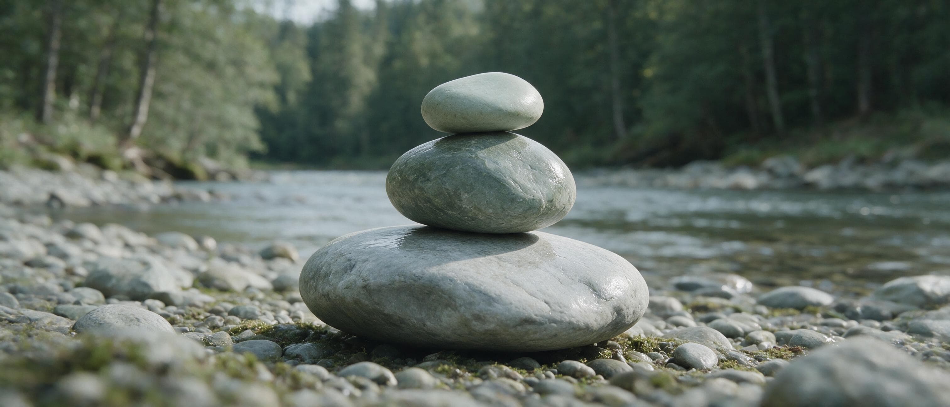Smooth river stones balanced in a low stack